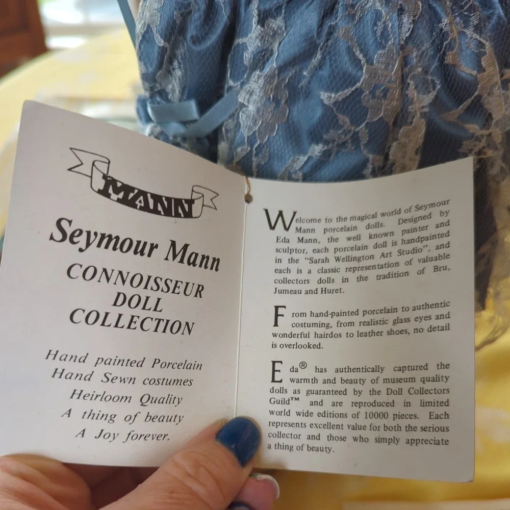 Porcelain Doll Seymour Mann Blond hair‎ blue eyes Amanda Blue Dress and stand